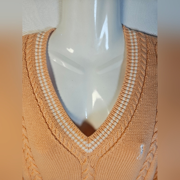 IZOD Cable Knit V Neck Sweater Peach Varsity Stripe Cotton M - Picture 3 of 9